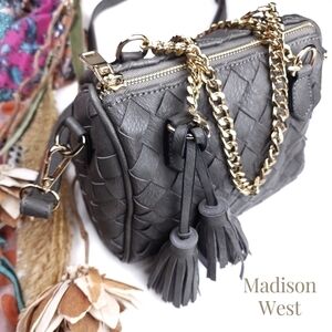 Madison West Grey Leather Weave Gold Chain Handbag /  Shoulder / Crossbo…